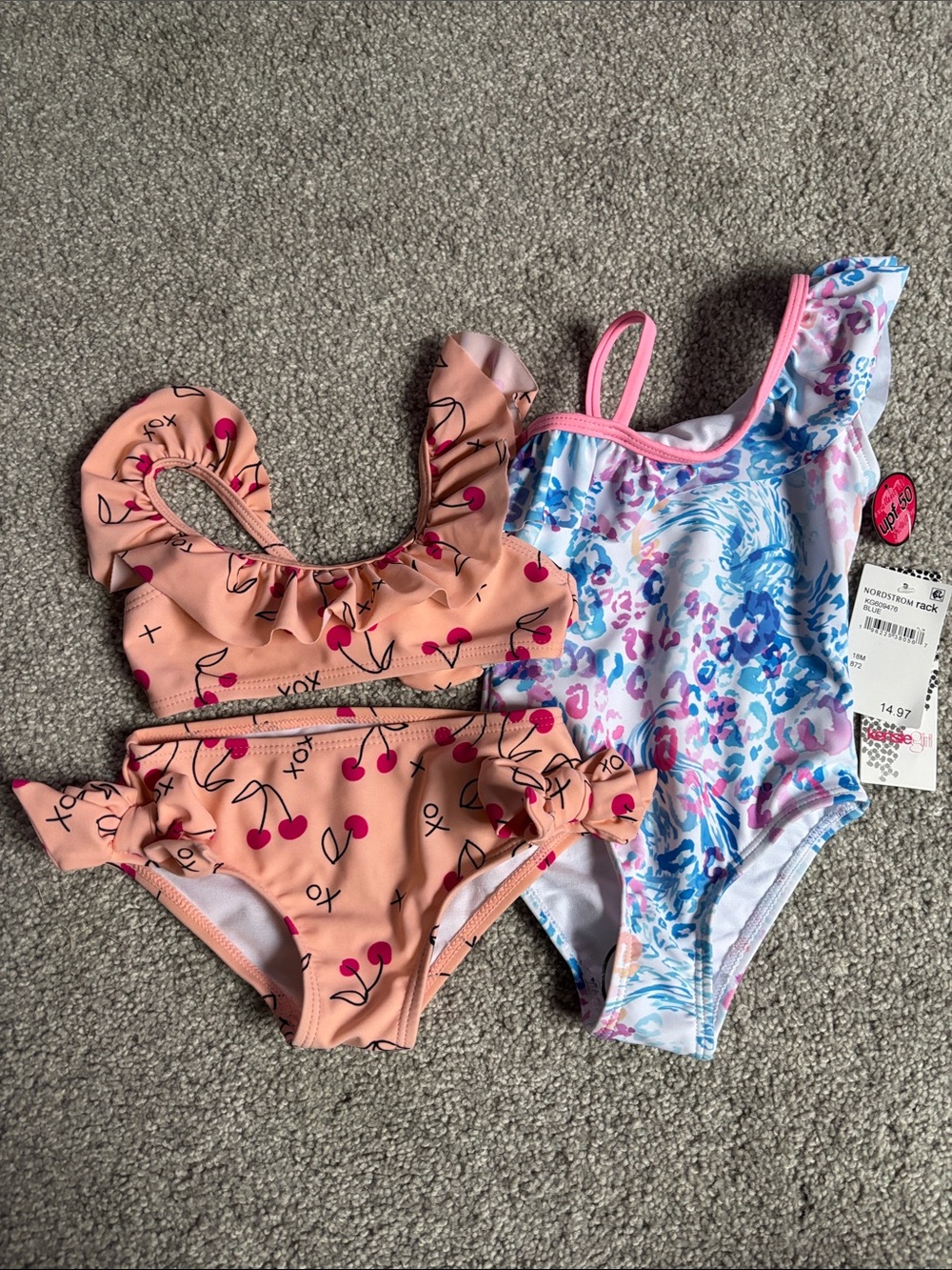 Jessica Simpson Cherry Ruffle Bikini & Kensie GirlBlue Floral Swim Set